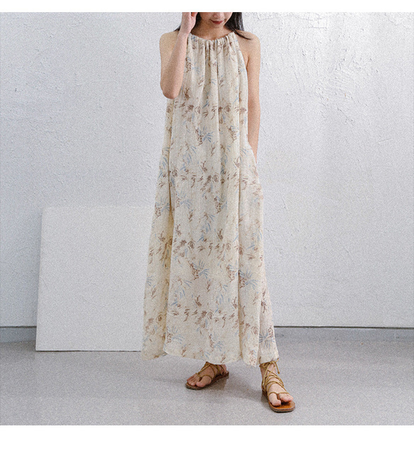 夏ピュアリネンスリングドレスAラインスカートラミー袖なしワンピース 1枚目の画像