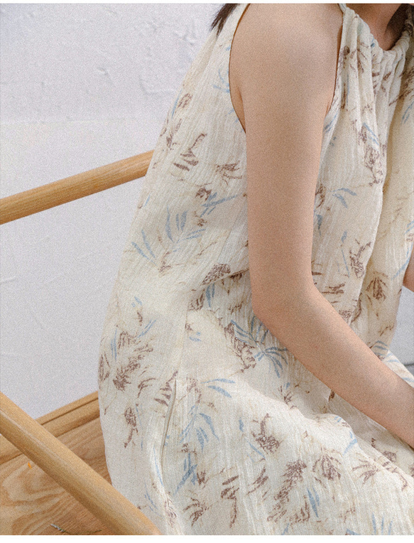 夏ピュアリネンスリングドレスAラインスカートラミー袖なしワンピース 4枚目の画像