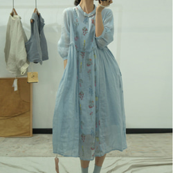 新作.全4色。品質よい麻/リネンドレス.上品な涼しいワンピース　ミディアムスカート　ブルー 2枚目の画像