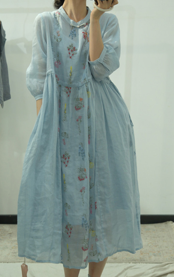 新作.全4色。品質よい麻/リネンドレス.上品な涼しいワンピース　ミディアムスカート　ブルー 6枚目の画像