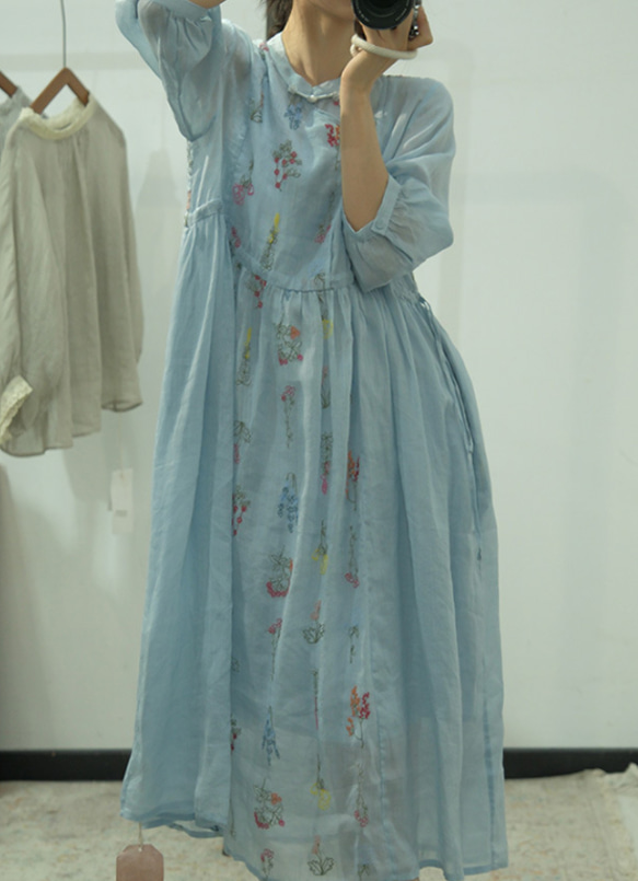 新作.全4色。品質よい麻/リネンドレス.上品な涼しいワンピース　ミディアムスカート　ブルー 8枚目の画像