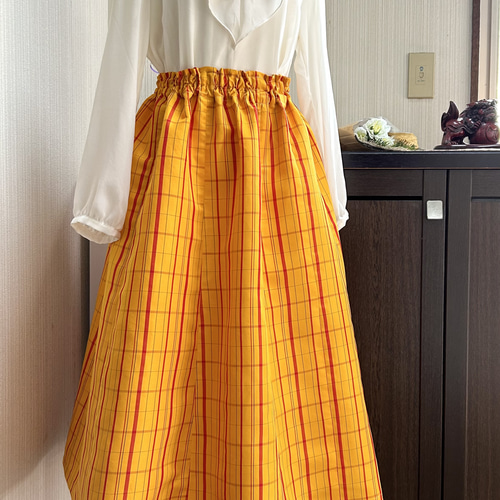 大島紬 8枚接ぎ（10枚使）ギャザースカート 格子柄 チェック 着物  