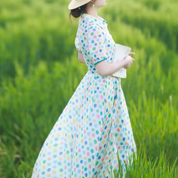 涼しげ水玉のラミー/麻のロングワンピース　ウエストリボン　ポケット付き【春夏秋】 1枚目の画像