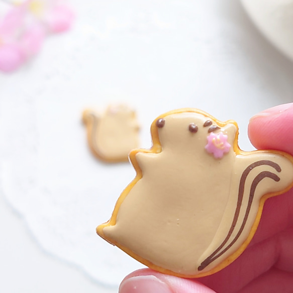 【ブローチ／ピンバッジ】桜のリスさんのアイシングクッキー 1枚目の画像