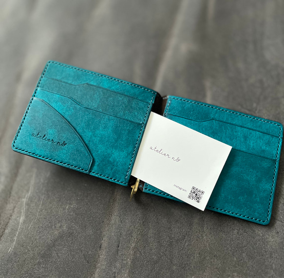 マネークリップ財布【ターコイズ】手縫い仕立て　マルゴー　イタリアンレザー　 6枚目の画像
