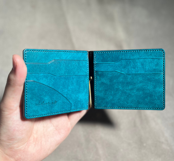 マネークリップ財布【ターコイズ】手縫い仕立て　マルゴー　イタリアンレザー　 3枚目の画像