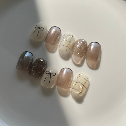 no.77 ネイルチップ リボンアッシュブラウン ネイルチップ（つけ爪