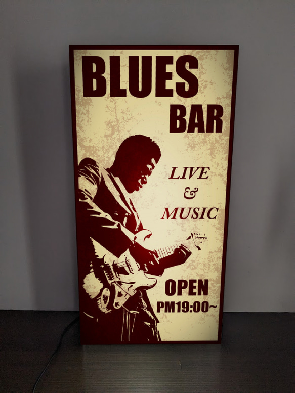 【Lサイズ】ブルース ジャズ ライブ コンサート ギター BAR カフェ 酒 スタジオ 看板 置物 雑貨 ライトBOX 1枚目の画像