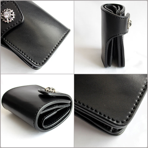 栃木レザー 二つ折り 財布 バイカーズウォレット ヌメ本革 黒サドル