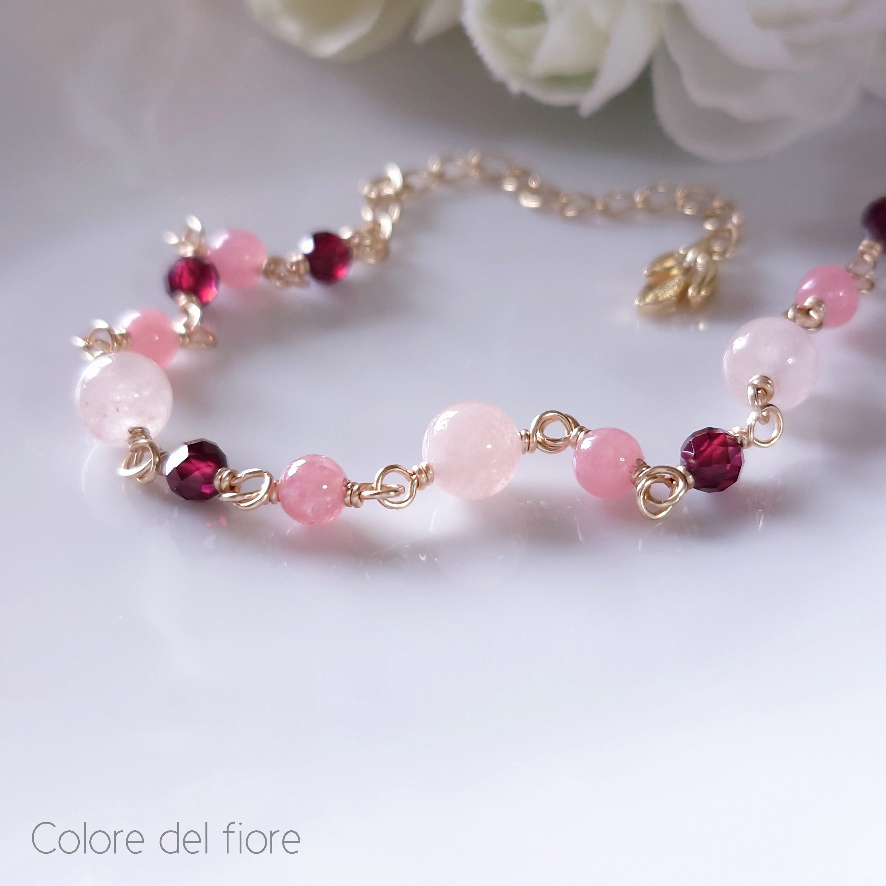 ピンクモルガナイト＆3色ガーデンクォーツ＆ロードナイトのマクラメ