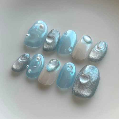 ネイルチップ サイズオーダー 水色 ブルー マグネット ハート 推し リボン 4e391e8c3d780587fc7117156188b4