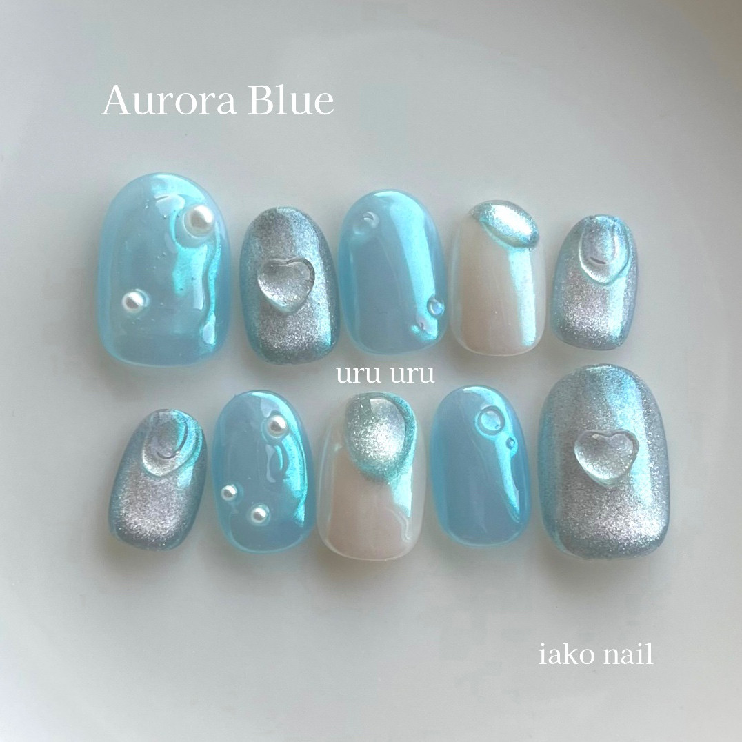 ネイルチップ ブルー 青 水色 マグネット ハート ぷっくり 水滴 氷
