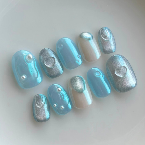 ネイルチップ ブルー 青 水色 マグネット ハート ぷっくり 水滴 氷