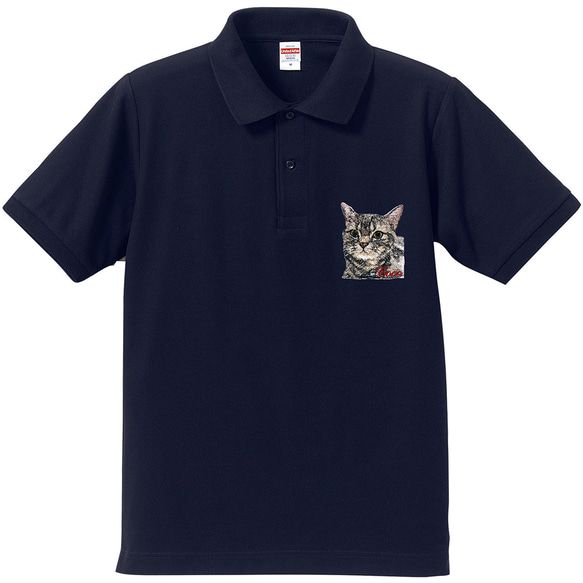リアル刺繍 ポロシャツ マンチカン 名入れ ネーム 刺繍 にゃんこ 猫 うちの子 ネイビー エンブラージュ 受注生産 3枚目の画像