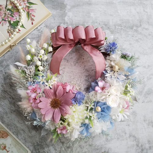 フラワーリース 春 母の日 お花 プレゼント アンティーク パープル ローズ フラワーリース 春 母の日 お花 プレゼント アンティーク