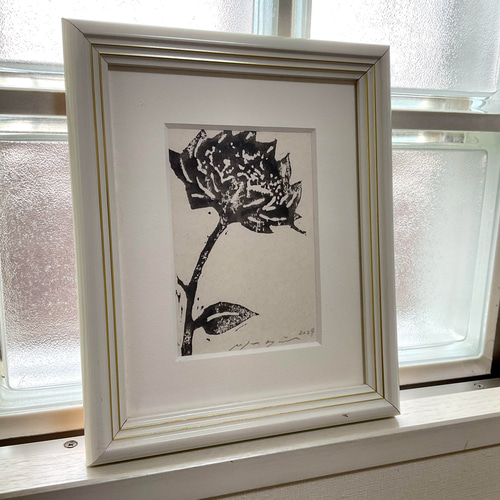 新春新年限定木版画作品 「シルクロードの花」小型モノクローム作品 美