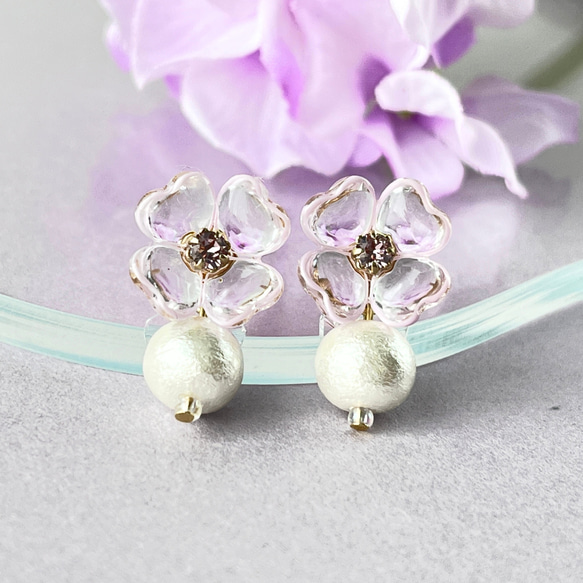 コットンパールと紫陽花のピアス 2way 揺れる オフィス あじさい 普段 