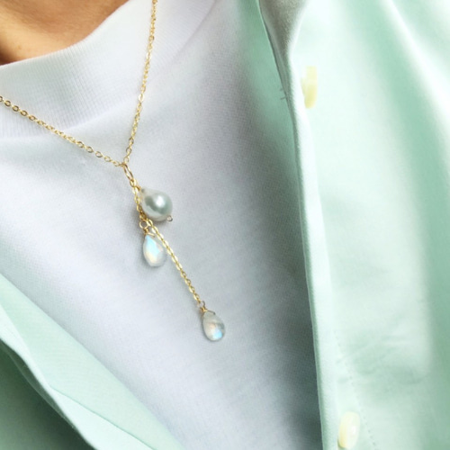 再販】虹色 k14gf淡水パール&レインボームーンストーン ペンダント