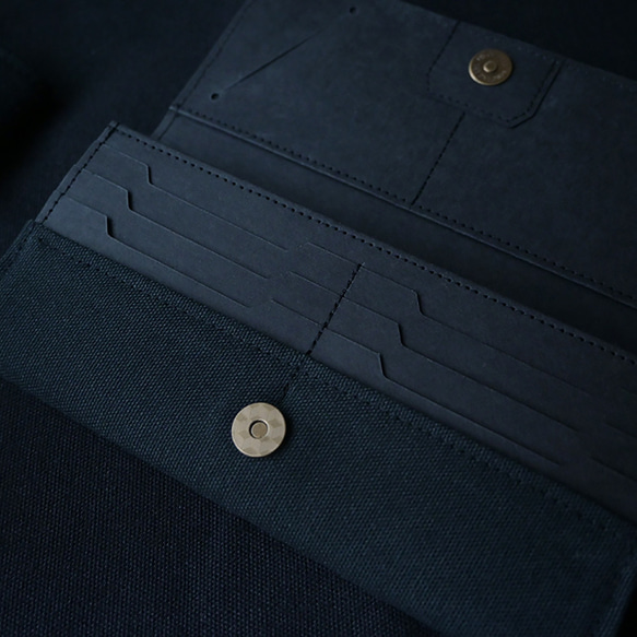 極黒のオールブラックキャンバス紙巻き長財布-財布/財布/洗える、動物不使用、環境に優しい、カード入れ10層の軽量財布 3枚目の画像