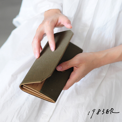 ミリタリーグリーンキャンバス紙巻き長財布-財布/財布/洗える、動物不