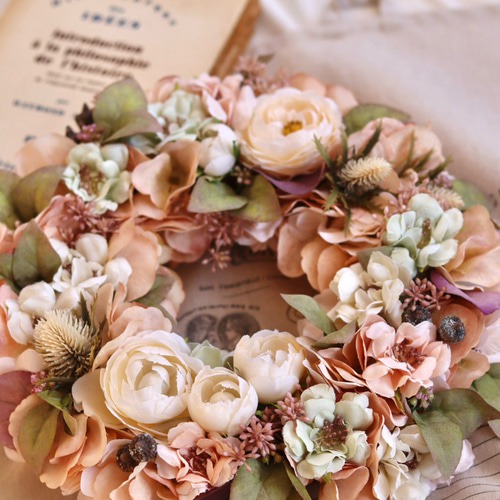 母の日☆バラと紫陽花のアンティークリース☆アーティフィシャル  