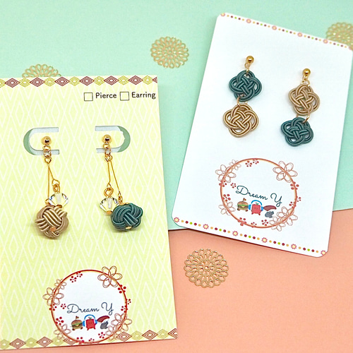 水引アクセサリー シンプル 揺れる 菜の花結び ベージュ×緑《ピアス