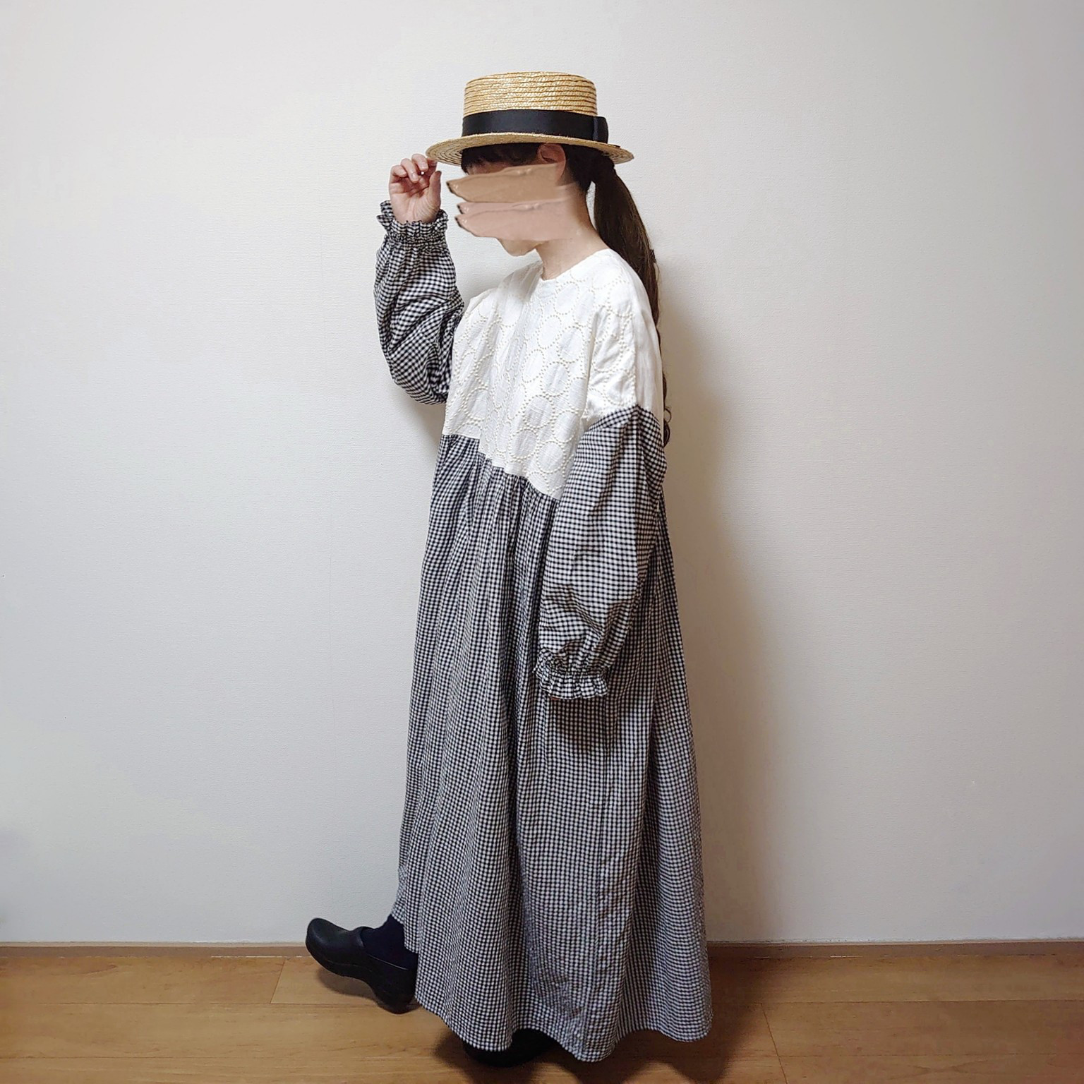 ギンガムチェック ドッキングワンピース サークル刺繍
