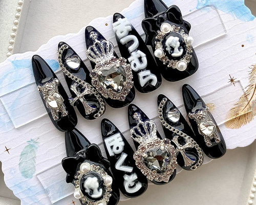 ネイルチップ 水色 黒 地雷 サブカル 量産型 推しカラー ロングポイント ネイルチップ 水色 黒 地雷 サブカル 量産型 推しカラー ロング