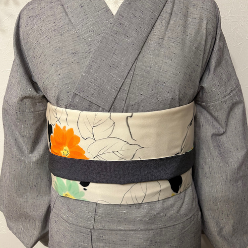 211号 半幅帯 小紋 アイボリー手描き×角通し江戸小紋 黒 正絹 