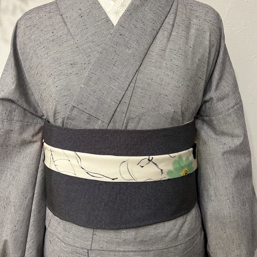 211号 半幅帯 小紋 アイボリー手描き×角通し江戸小紋 黒 正絹  