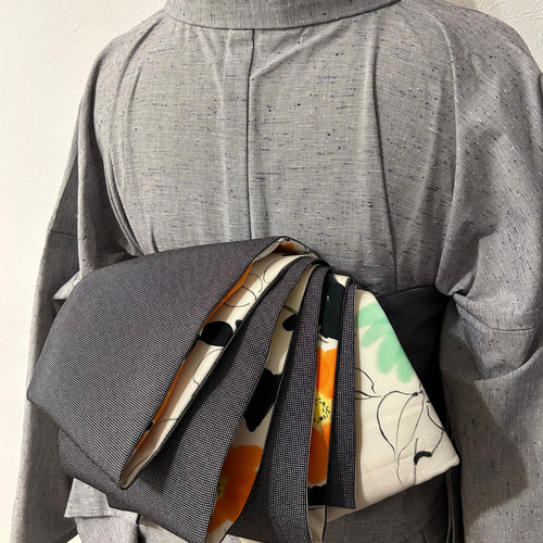 211号 半幅帯 小紋 アイボリー手描き×角通し江戸小紋 黒 正絹  