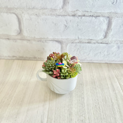 ミニコーヒーカップ＊多肉植物寄植え風　アーティフィシャルグリーン  フェイクグリーン　ミニピック付　直径6cm 5枚目の画像