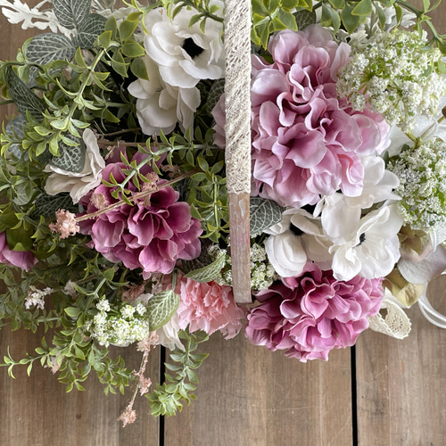 ハンドメイド 造花 バスケットアレンジメント ダリア リシアンサス