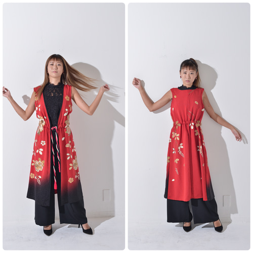 着物リメイク】 2wayロングベストセットアップ カーディガン 和工房 麗  