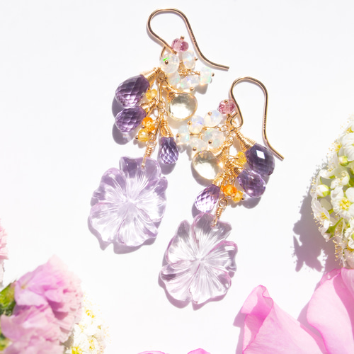14kgfアメジストフラワーカービングピアス/イヤリング
