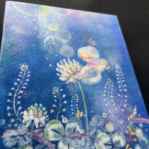 朝露をシロツメグサに 【原画/F0キャンバス/アクリル画 朝露をシロツメグサに 【原画/F0キャンバス/アクリル画