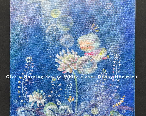 アクリル画　原画　「シロツメクサの咲くフィールド02」額縁付　F3キャンバス 28d8e98c57916eb18757464afa96dc