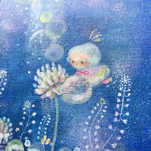 朝露をシロツメグサに 【原画/F0キャンバス/アクリル画 朝露をシロツメグサに 【原画/F0キャンバス/アクリル画