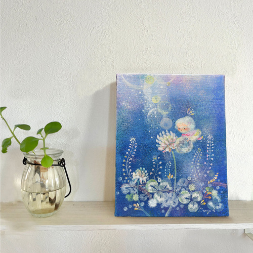 朝露をシロツメグサに 【原画/F0キャンバス/アクリル画 朝露をシロツメグサに 【原画/F0キャンバス/アクリル画