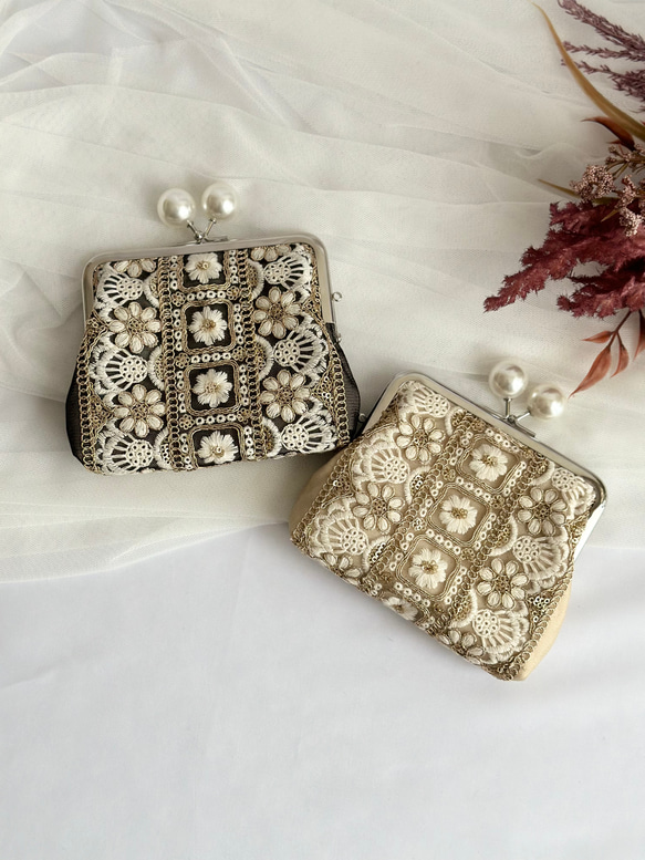 親子がま口財布 インド刺繍リボン カードポケット付き パールがま口