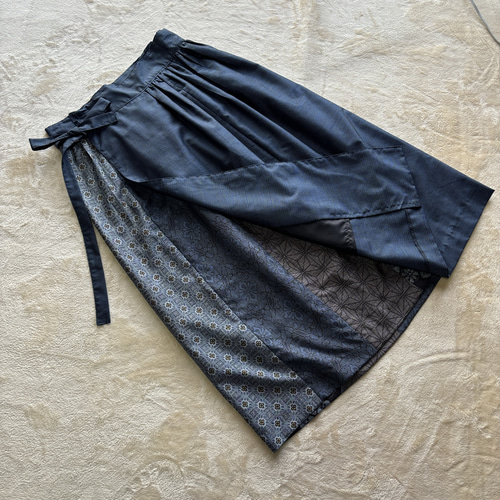 アンティーク大島紬の巻きスカート パッチワーク その日の気分で右巻き