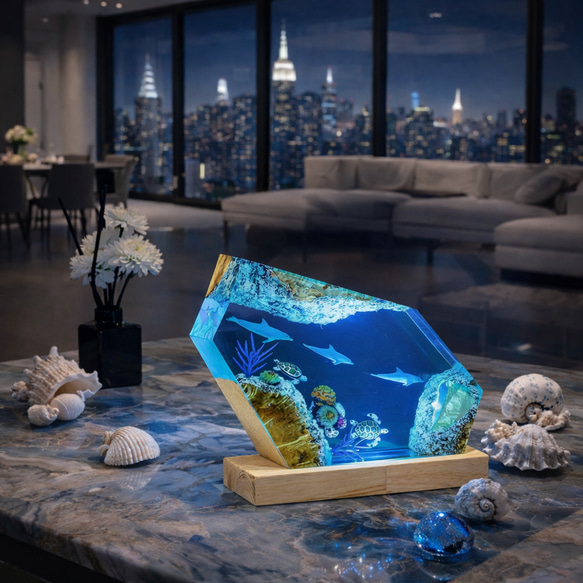 海アート レジン卓上ライト イルカとウミガメのUSBテーブルランプ 海の