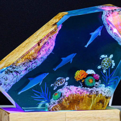海アート レジン卓上ライト イルカとウミガメのUSBテーブルランプ 海の