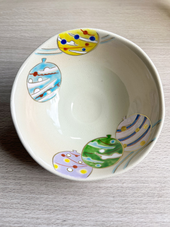 京焼　色絵　水風船(ヨーヨー)夏茶碗　平茶碗　抹茶茶碗 1枚目の画像