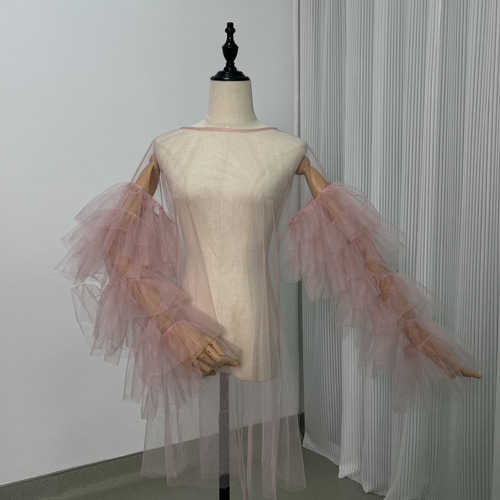 送料無料！ハンドメイドベージュチュールボレロ ポンチョ トップス  