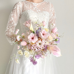 ウェディングブーケとブートニアのセット♡パステルカラーブーケ♡前撮り♡挙式 パステルカラーウェディングブーケ・ブートニアセット 造花