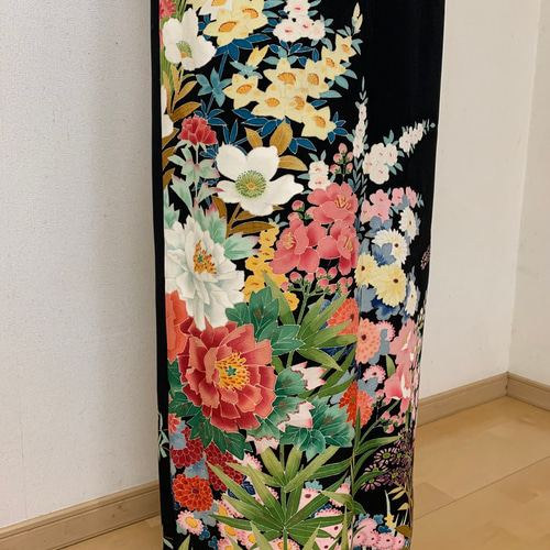 手描き友禅地 着物リメイク 花柄 パーティードレス