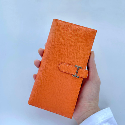 ベルト付き長い財布 ヴォーエプソン革/オレンジ 手縫い商品 長