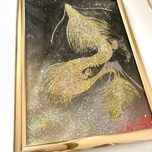 切り絵赤富士金龍神画 金昇龍 昇龍 龍神絵 ご購入の方落款入れ