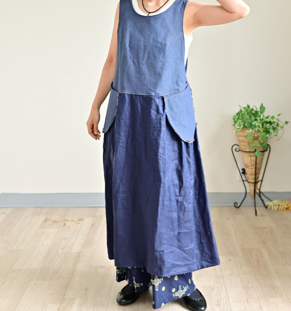 デニム×リネン　2マテリアルジャンパースカート 1枚目の画像